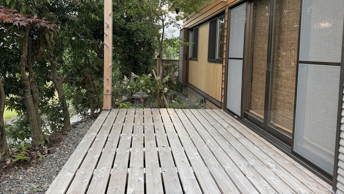 The wooden deck in front of the living room