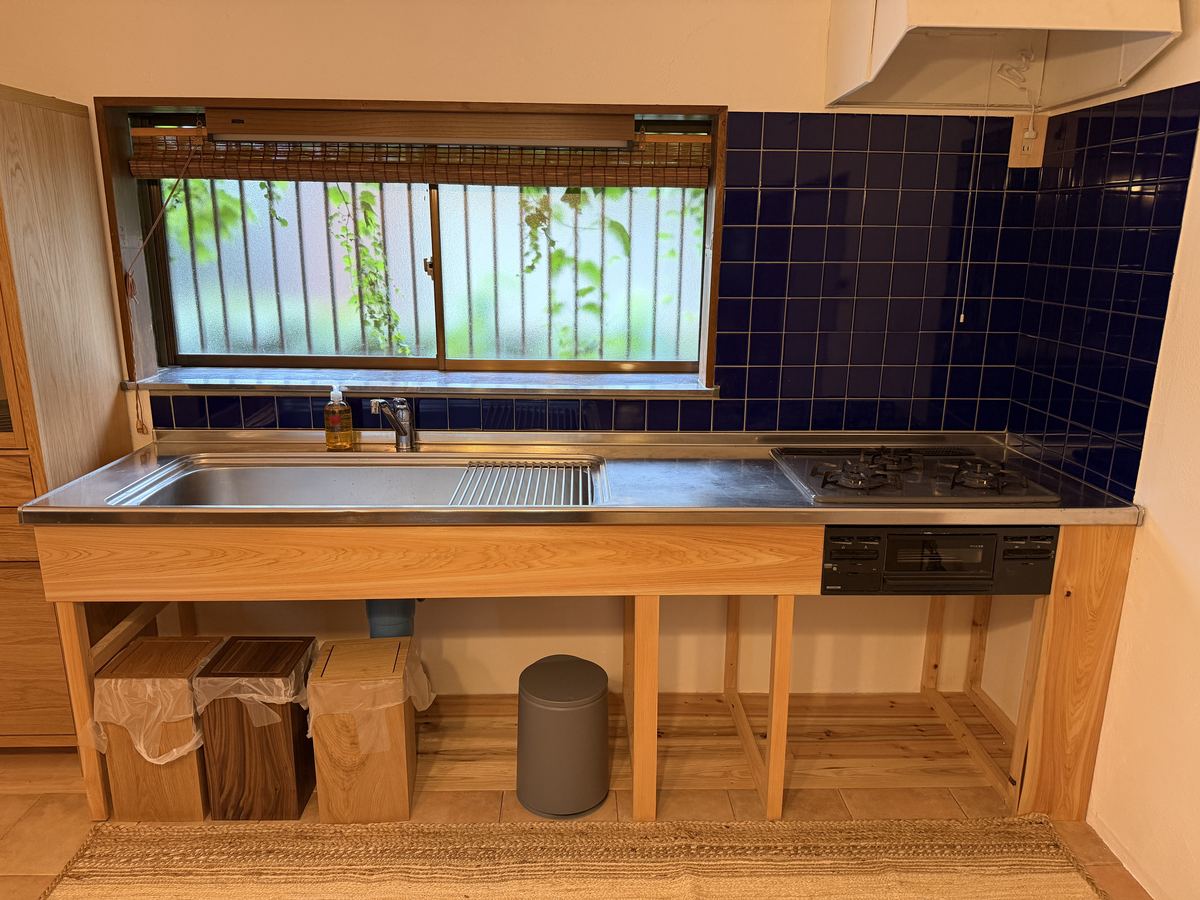 The wide stainless sink and the three-burner gas hob